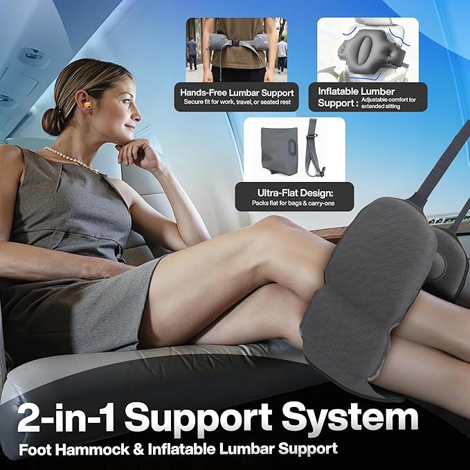 4-in-1 Travel Comfort Set Inflatable Neck Pillow, Convertible Lumbar Support & Foot Hammock, 3D Sleep Mask & Ear Plugs Complete Comfort Kit for Airplane, Office & Car Gift-Ready (Gray)