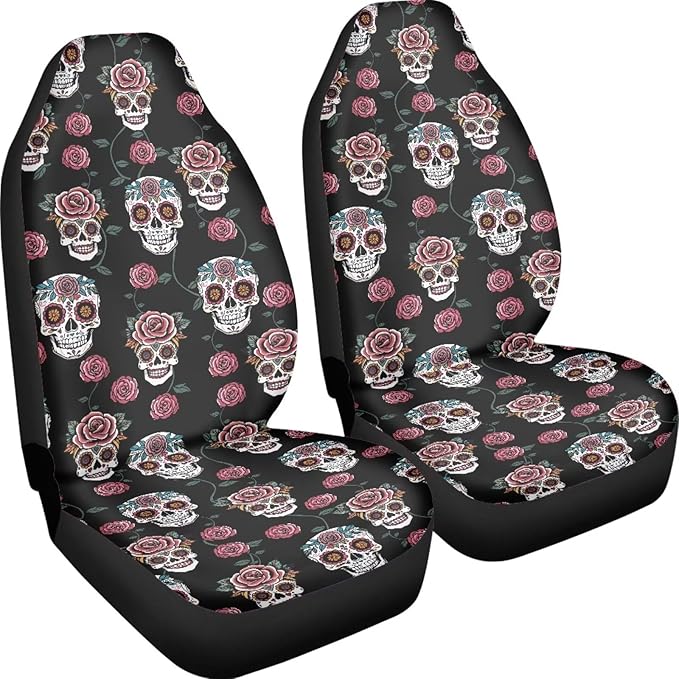 Goth Skull Rose Seat Covers for Car, Universal Stretchy Cars Front Seat Protectors Cover, Men Women Car Accessories Decoration Saddle Blanket for Bucket Seat, Set of 2