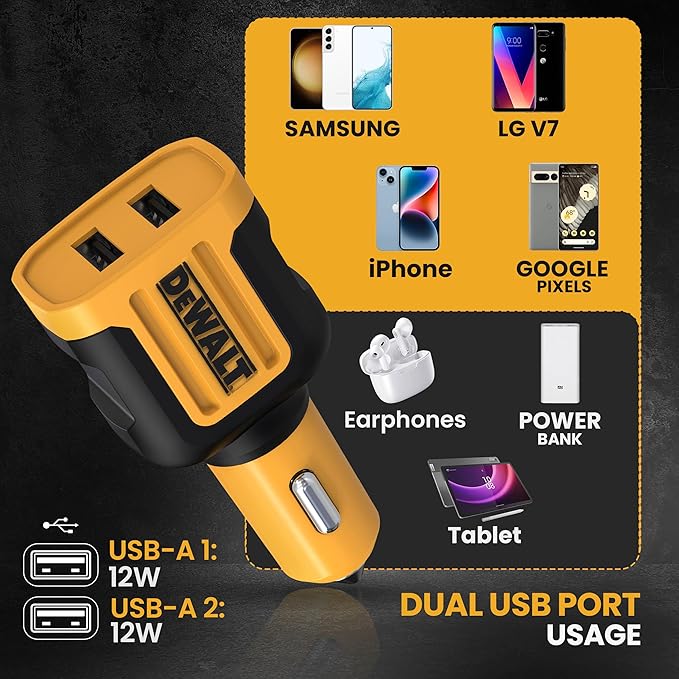 DEWALT Heavy Duty 24W USB Car Charger Adapter, Cigarette Lighter Adapter USBA Charger, Fast Charging Car Lighter USB Adapters, Cell Phone Automobile Chargers for iPhone, Samsung Galaxy, iPad