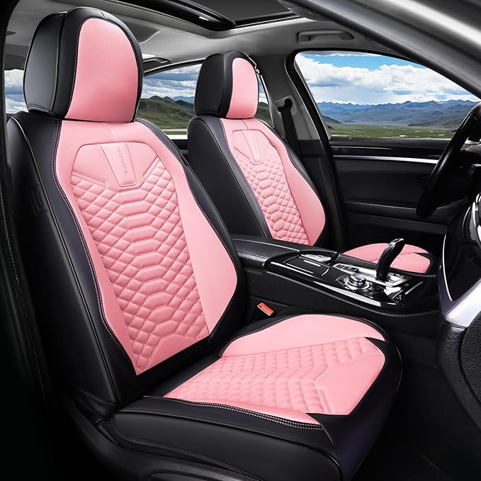Coverado Seat Covers Full Set, Waterproof Nappa Leather Seat Covers for Cars, 5 Seats Universal Car Seat Protectors, Black and Pink Leather Car Seat Covers Car Seat Cushions Fit for Most Cars