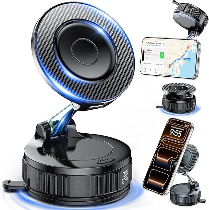 Car Phone Holder for Magsafe – [Carbon Fiber] Phone Mount for Car [Super Strong Magnetic, 360° Adjustable, 108LBS Vacuum Suction] Phone Holders for Your Car, Car Accessories for iPhone 17–12 Series