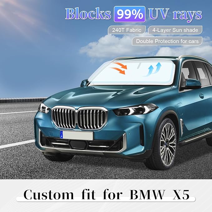 Sun Shade Sunshade for BMW X5 2019-2024 2025 2026 Windshield Cover, 4-Layer Front Window Shade Custom fit BMW X5 M Sport xLine SUV Sun Visor Retractable Shield Shade Blocks UV Rays Car Accessories