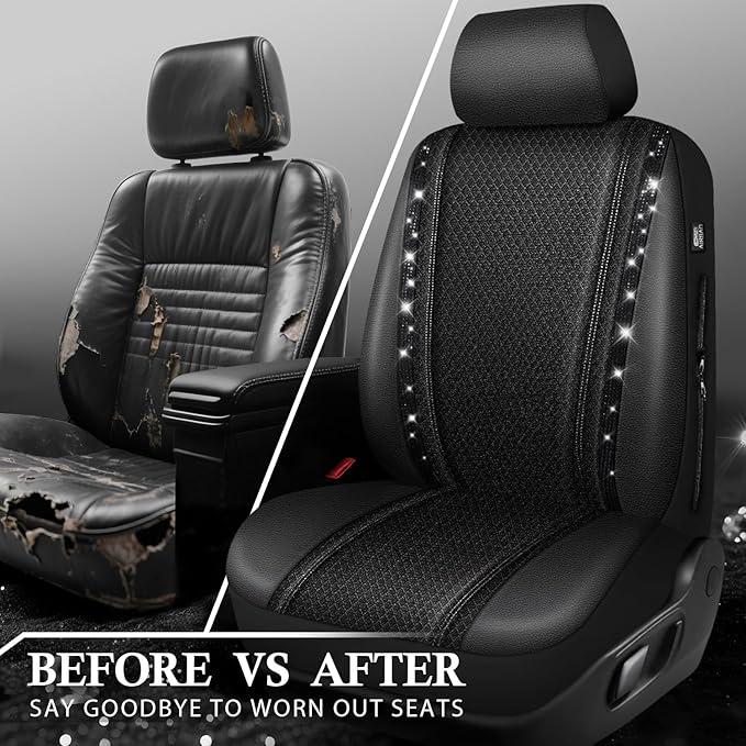 CAR PASS Memory Foam 3D Mesh Bling Diamond Car Seat Cover Full Set Breathable Soft Sponge Universal Shining Glitter Sparkly Crystal Armrest Fit Automotive Truck SUV Cute Women Girl, Black Rhinestone