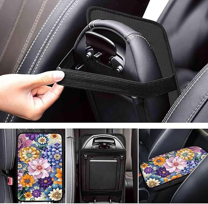 JoyLamoria Auto Center Console Cover Boho Floral Print Car Armrest Cover Universal Fit Comfort Armrest Cushion for Car Seat Handrail Box