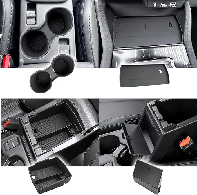 LFOTPP Forester Center Console Organizer for 2025 Forester Accessories, Armrest Storage Box+Silicone Cup Holder+Hidden Box+Wireless Charging Protective Pad Non-Slip Mat 4Pcs,NOT for 2025 Wilderness