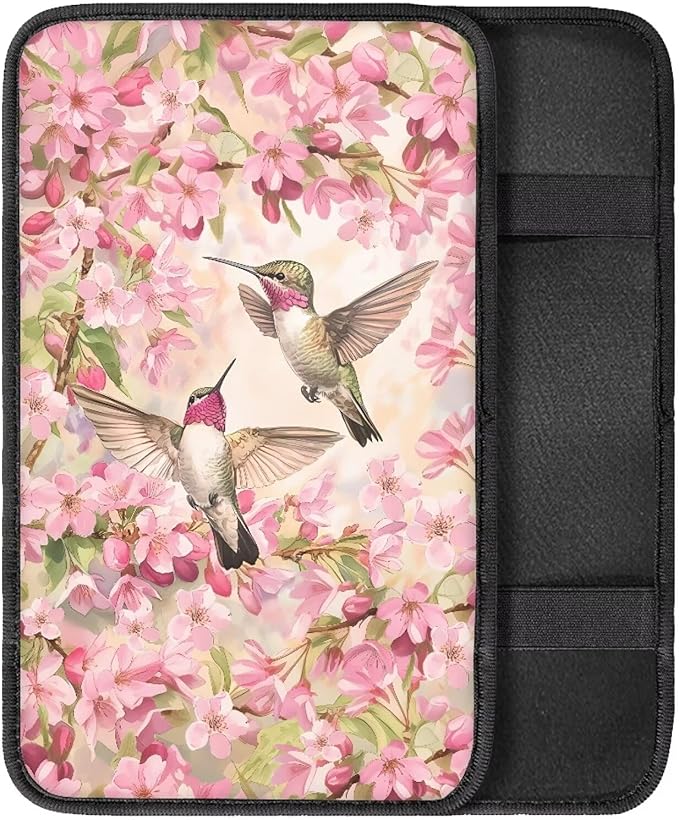 Pink Flower Hummingbirds Universal Center Console Armrest Soft Pad Protector Cover Center Console Cushion Fits for Most Vehicle,SUV,Truck Car Accessories