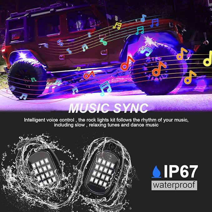 Kairiyard 4 Pods Rock Lights for Trucks, RGB APP Control Music Mode Multilcolor Waterproof High Bright LED UTV ATV RZR Underglow kit