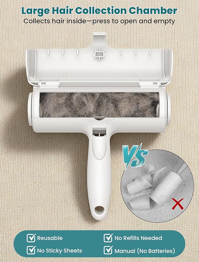 DELOMO Pet Hair Remover Roller: Reusable Lint Roller with Large Fur Bin - Portable Cat and Dog Hair Remover for Couch, Bedding, Car, Rugs & Furniture, Effective and Eco-Friendly, for Multi-Pet Homes