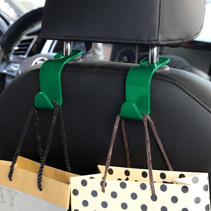 Soleebee 4 Pack Car Headrest Hooks - Universal Auto Hooks, Back Seat Hangers, Storage Organizer (Green)