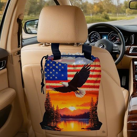 Bald Eagle on American Flag Car Trash Bag,Sunset Mountain Forest Hanging Drawstring Car Garbage Bag,Canvas Car Back Seat Organizer with Adjustable Buckle for Men and Women