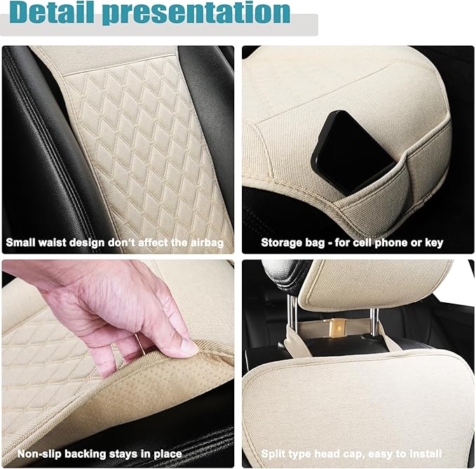 West Llama Linen Car Seat Covers-Breathable & Soft-Front Car Seat Protector Universal Fit 90% Cars,SUVs,Trucks,Diamond Pattern- 1Pair,Beige