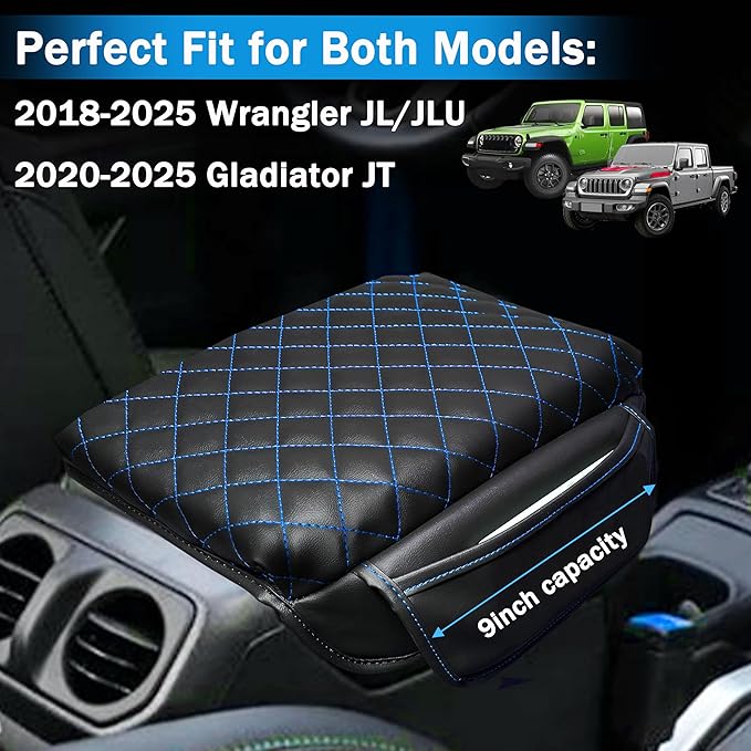 Center Console Cover for Jeep Wrangler JL 2018-2026 & Gladiator JT 2020-2026 1.2in Thickness Armrest Cover Leather Arm Rest Lid Protector Cushion Pad with Stroage Pockets Interior Accessories (Blue)
