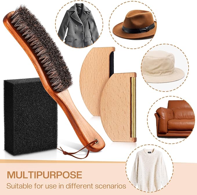 4 Pcs Horsehair Felt Hat Brush Kit with Cleaning Sponge Cowboy Clean Hat Wood Fedora Hat Cleaning Set Baseball Cap Lint Brush Remove Dust for Hair Furniture Suits Clothes(Style C)