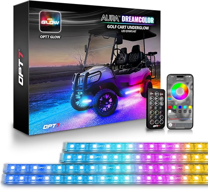 OPT7 12V Aura DreamColor Golf Cart Underglow LED Light Kit with App & Remote, 4PC Waterproof Multicolor Light Strips, Music Neon Accent Chasing Lighting for EZGO Yamaha Club Car, Outdoor Gifts