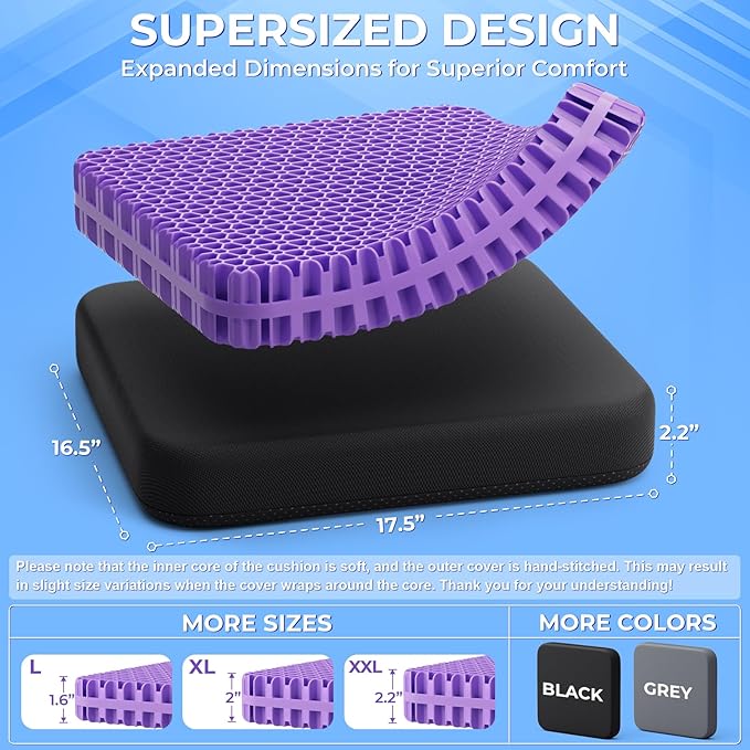 TushGuard Gel Seat Cushion for Long Sitting, Enlarged & Thickened Patent Design, Breathable Cooling for Office Chair, Soft Car Seat Cushion for Wheelchair (2.2" Thick, Black)