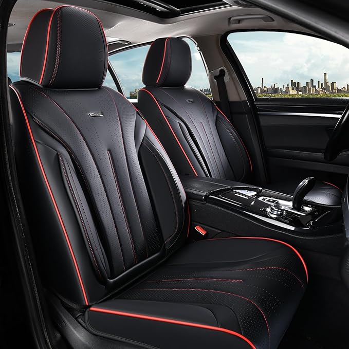 Coverado Front Seat Covers, Luxury Nappa Leather Seat Cover, 2 Pack Waterproof Seat Cover for Cars, Universal Front Car Seat Protector, Breathable Car Seat Cushion Fit for Most Cars(Black &Red Line)