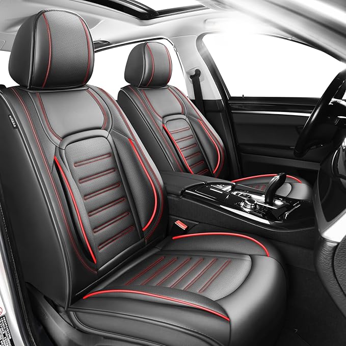 Fit Tucson Premium Leather Car Seat Covers Compatible with Hyundai Tucson 2010-2024 2026, Breathable, Wear Resistant, Airbag Compatible, All-Weather & Full Coverage, 2 Front Seat Red Line Black