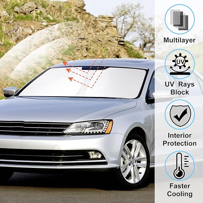 Windshield Sun Shade Custom Fit for 2013-2018 Volkswagen VW Golf MK7 Accessories Foldable Sunshade Sun Blocker Protect Car from Sun Rays & Heat Damage Keep Car Cooler