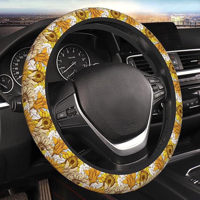 Sunflower Car Steering Wheel Cover, Non Slip Universal Wheel Protector Elastic 15 Inch Car Accessories for Men Women