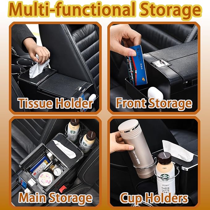 Car Center Console Organizer Armrest, Universal Multi-Function Storage Box with Card Holder, Tissue Box for Vehicle Interior Organization