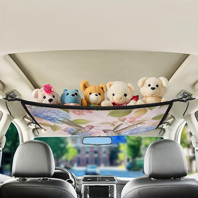 NDISTIN Hummingbird Car Ceiling Cargo Net Large Capacity Car Interior Roof Storage Net Hydrangea SUV Sundries Storage Pouch Loadbearing Mesh Net Holder with Adjustable Buckle Auto Accessories