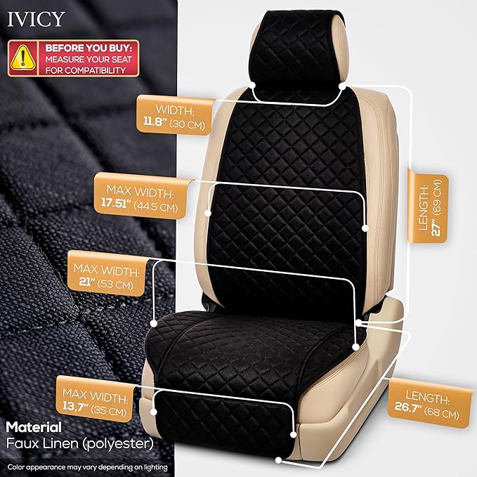 IVICY Faux Linen Front Car Seat Cover – Durable, Non-Slip Seat Protector for Cars – 1 Unit, Black
