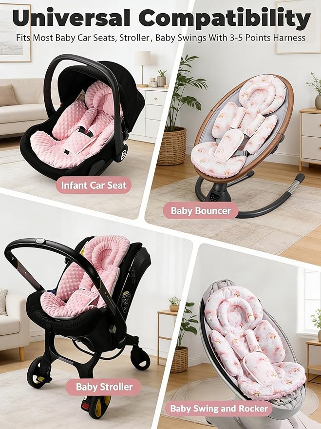 Infant Car Seat Insert with Extra Cushion for Preemie to Toddler, Reversible Newborn Carseat Insert for Baby Head Body Support, Fits for Stroller, Baby Swing, Bouncer - Dots, Pink
