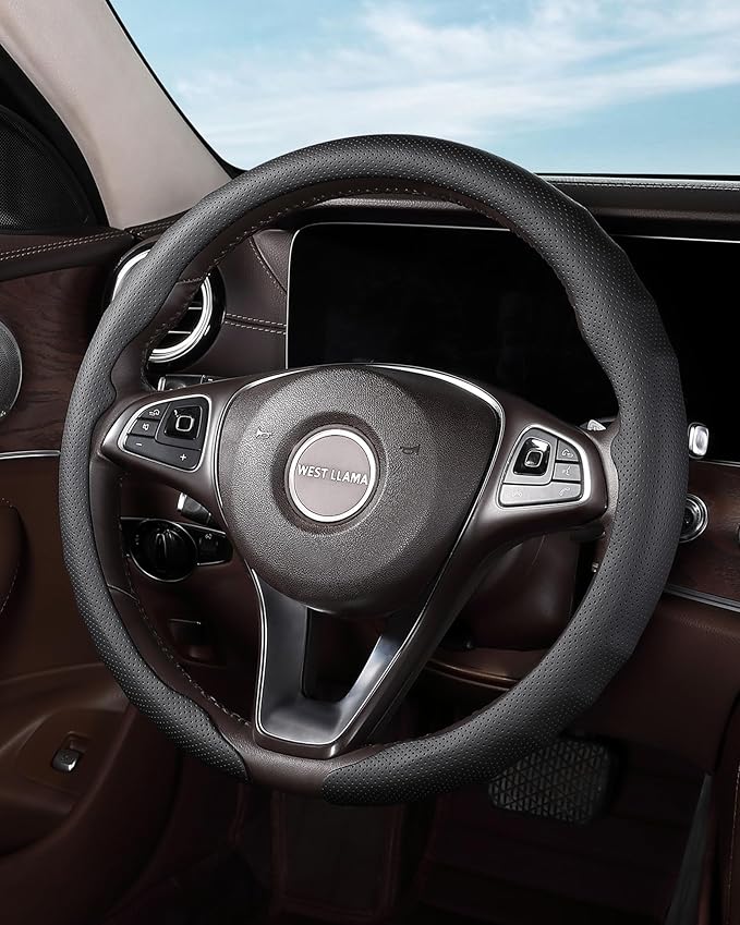 West Llama Nappa Leather Steering Wheel Cover for Car,Thin Steering Wheel Wrap Universal 14.5-15 Inch,Fit Cars,SUVs,Trucks(Black-O-Shaped)