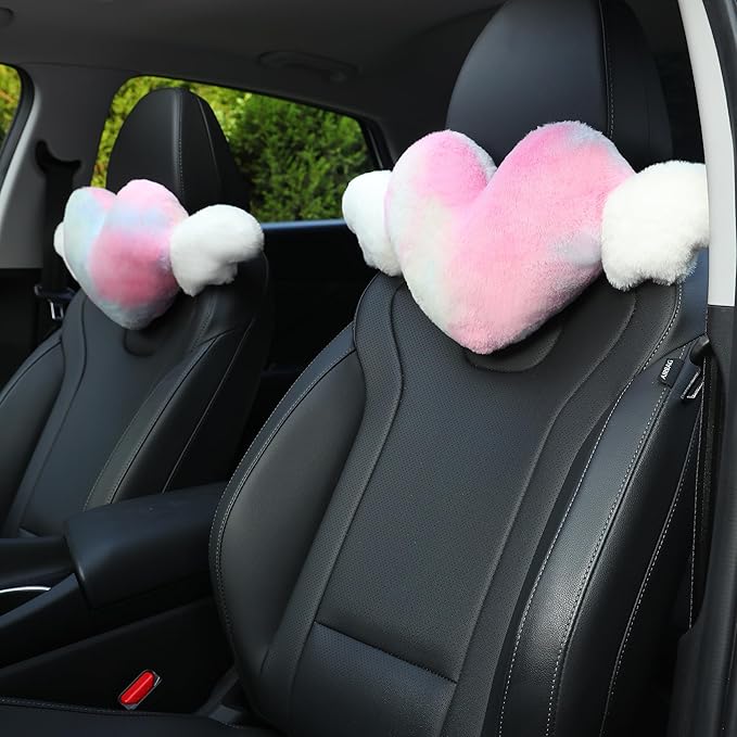 2 Pack Heart Shaped Cute Car Headrest Pillow with Angel Wings Comfortable Soft Head Rest Cushion Kawaii Car Accessories Neck Pillow for Driving Travelling Office Home Decor - Tie dye Color Love Heart