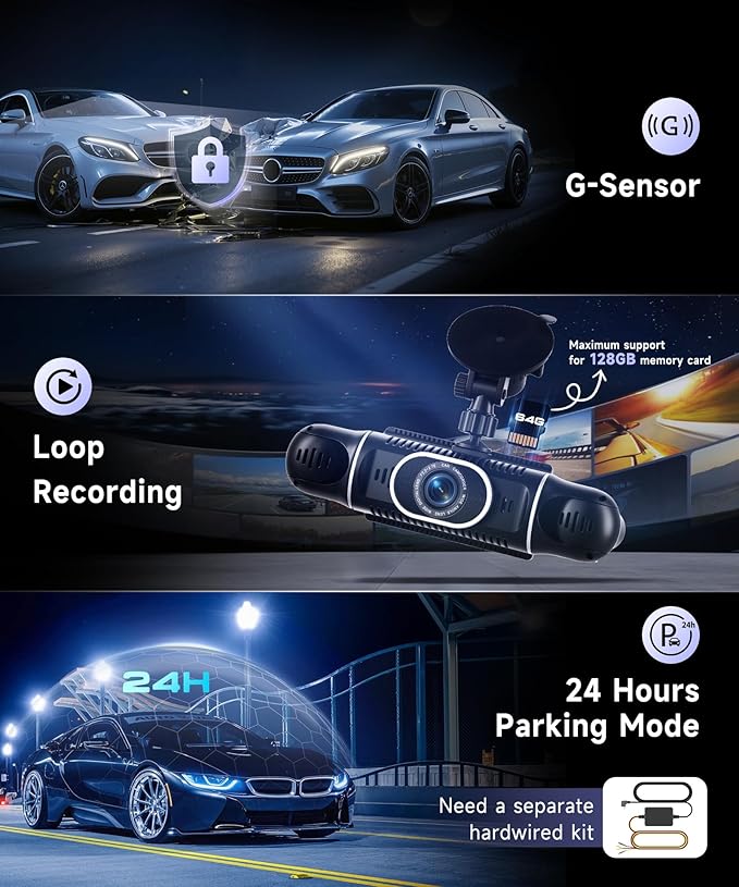 360° Dash Cam Front/Rear/Inside/Side 4-Channel Dash Camera FHD 2K+1080P×3 Car Dash Cam with WiFi, APP Control, 64GB SD Card Included, 8 IR Night Vision, G-Sensor, 24/7 Parking Mode