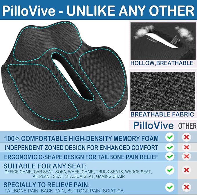 Ergonomic Seat Cushion for Office Chair &Car-Advanced Memory Foam Coccyx Pillow for Tailbone,Sciatica &Lower Back Pain Relief-Non-Slip Desk Chair Pad for Long Sitting,Posture Support-Black