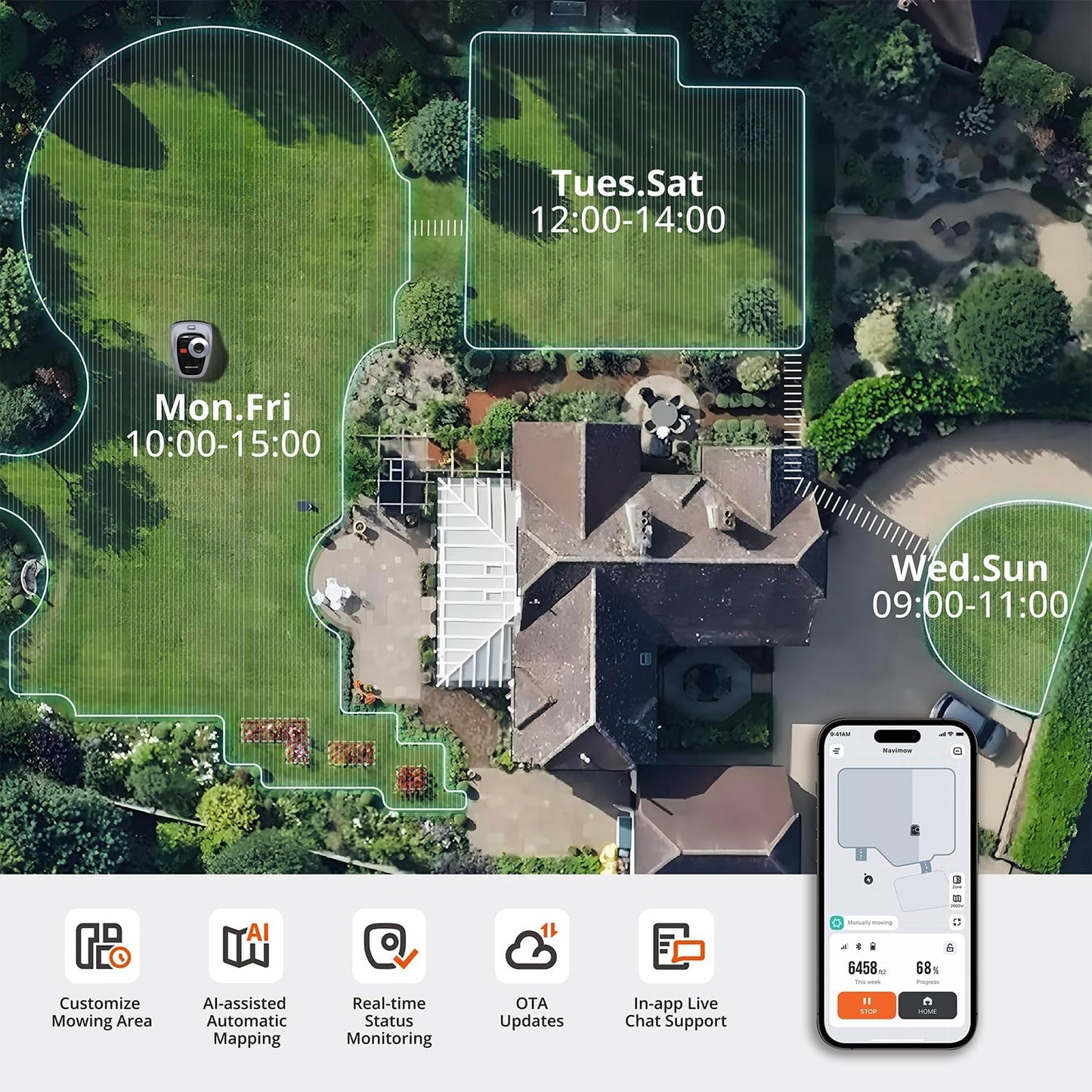 Segway Navimow i105N Robot Lawn Mower Perimeter Wire Free 1/8 Acre RTK+Vision Robotic Lawnmower, AI-Assisted Mapping, Virtual Boundary, APP Control, 58dB(A) Quiet, Multi-Zone Management