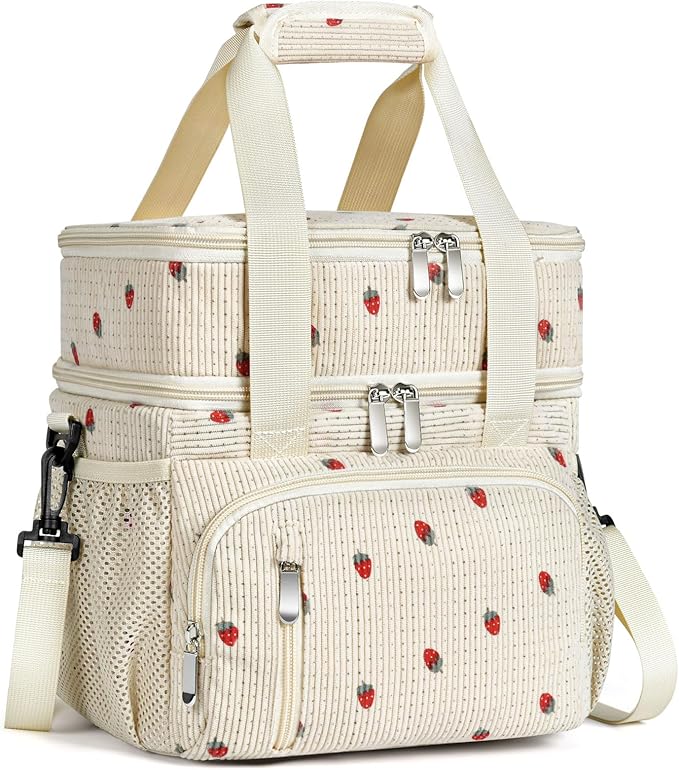 Insulated Lunch Bag for Men & Women, Double Leakproof Lunch Box Soft Cooler Tote with 5 Pockets, 600D Oxford, EVA Lining, Adjustable Strap for Work, Picnic- Corduroy Cue Strawberry