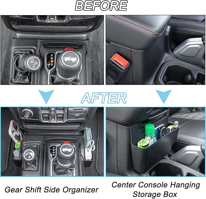 PIMCAR 2PCS Center Console Organizer for 2018-2025 2026 Jeep Wrangler JL/JLU & Gladiator JT, Gear Shift Side and Center Console Hanging Storage Box Durable Interior Accessories