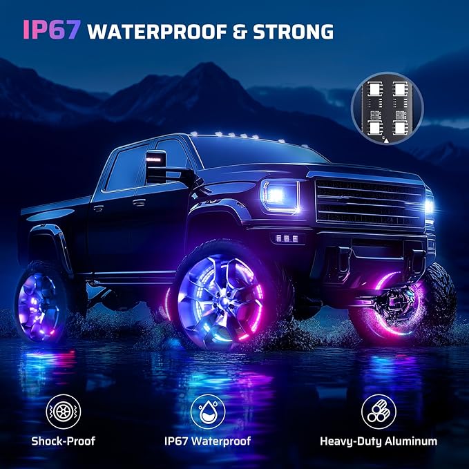 Ehaho 14''-18'' Double Row Adjustable Wheel Lights, Brighter RGB Chasing Rim Lights with App, Music Wheel Ring Light with Turn & Braking Signal Compatible with Various Trucks SUV Car（4PCS）