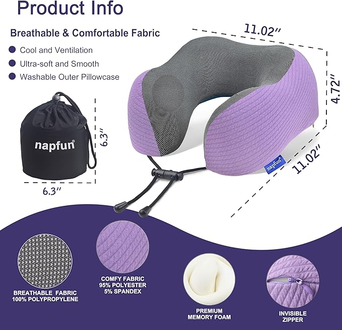 napfun Neck Pillow for Traveling, Upgraded Travel Neck Pillow for Airplane 100% Pure Memory Foam Travel Pillow for Flight Headrest Sleep, Portable Plane Accessories, Light Purple Striped Kit