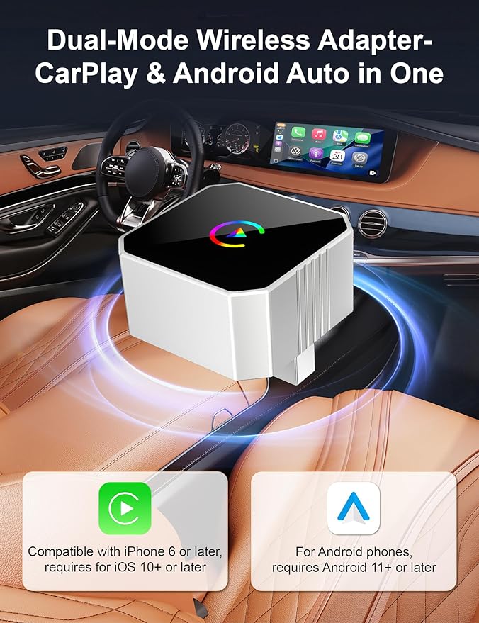 2026 Upgraded Mini Wireless CarPlay Adapter for Apple CarPlay & Android Auto, Plug & Play, Fast and Auto Connect, No Latency 2 in 1 Car Play Wireless Adapter for iPhone iOS 10+ & Android 11+ (Silver)