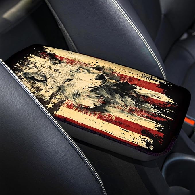 Wolf US Flag Print Car Center Console Armrest Cover,Armrest Cushion Cover Pad, Wolf Print Car Accessories Universal Fit