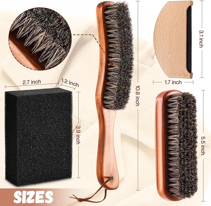 4 Pcs Horsehair Felt Hat Brush Kit with Cleaning Sponge Cowboy Clean Hat Wood Fedora Hat Cleaning Set Baseball Cap Lint Brush Remove Dust for Hair Furniture Suits Clothes(Style D)