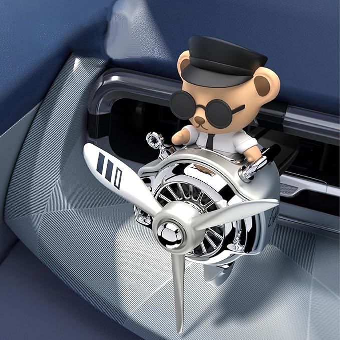 Pilot Car Air Freshener, Cute Bear Car Vent Clip Air Freshener Automotive Air Outlet Fan Diffuser, Automotive Interiors Vent Decoration (Shake Head Style - Silvery)