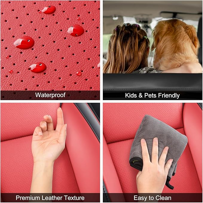 Nappa Leather Car Seat Covers Compatible with 2025–2026 Tesla Model Y Juniper, Bright Red & Black Two-Tone Design, Custom Fit Full Set, Airbag Compatible Car Interior Cushion Covers