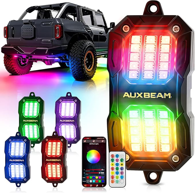 Auxbeam 4 Pods RGB LED Rock Lights Dynamic Color Changing with Brake Mode Wheel Well Lights w/Bluetooth APP+Remote Control Music Voice Sync IP67 Waterproof Underglow Kit for Trucks ATV 1 Year Warranty