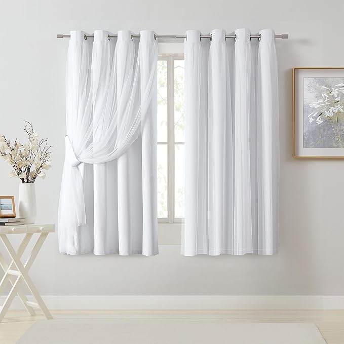 Bujasso White Full Blackout Curtain Panels with Sheer Overlay Mix and Match Double Layer Thermal Insulated Window Treatment Set for Living Room White Drapes with Tiebacks Grommet Top 54" Wx63 Lx2
