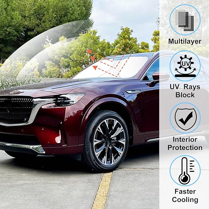 Windshield Sun Shade Custom Fit for 2024 2025 2026 Mazda CX90 CX-90 Accessories Foldable Sunshade Sun Blocker Protect Car from Sun Rays & Heat Damage Keep Car Cooler