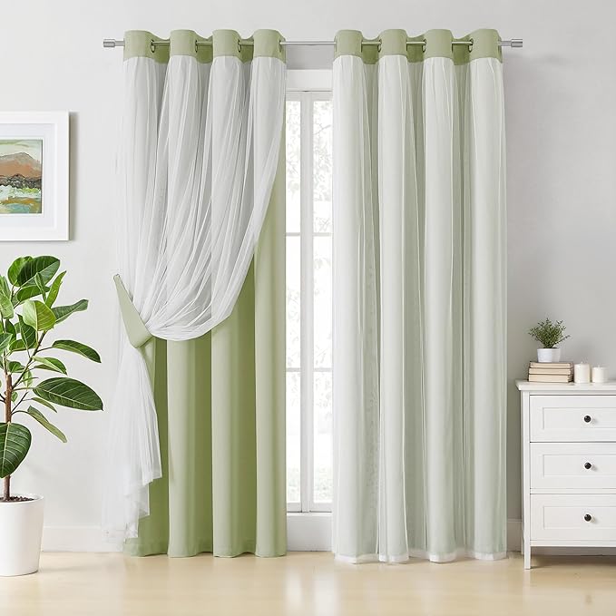 Bujasso Sage Green Blackout Curtains with Sheer Overlay Mix and Match Double Layer Thermal Insulated Window Panels 90 inch for Living Room Bedroom Green Drapes with Tiebacks Grommet Top 54" Wx90 Lx2