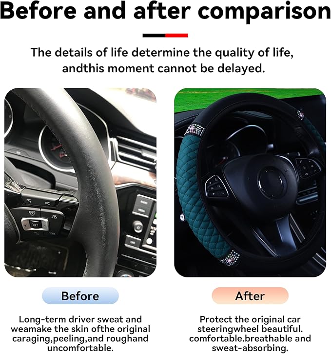 Bling Car Steering Wheel Cover, 15 Inch Rhinestones Soft Leather Elastic Steering Wheel Protector, Sparkly Crystal Diamond for Women Girls, Car Interior Accessories for Most Cars (Dark Green)
