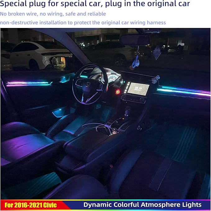 Ambient Lighting Kit Custom for 10th Gen Honda Civic - 256 Color LED Interior Car Lights with Carbon Fiber Trim, APP Control, Plug-&-Play Installation for Doors/Dashboard/Footwell (2016-2021)