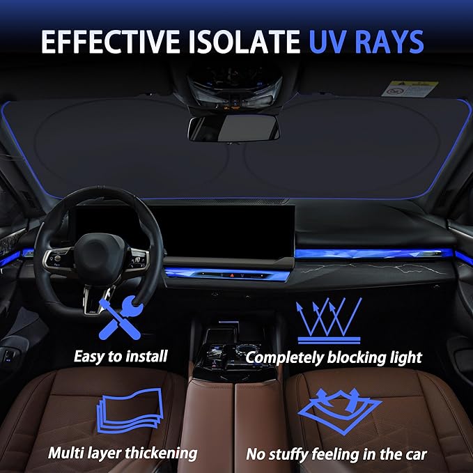 MORNYRAY Car Windshield Sun Shade，Reflector Sunshade Offers Ultimate Protection for Car Interior，Cool Reflective Sun Blocker，Foldable Car Interior Accessories (Black, Medium),(64x32 inches)