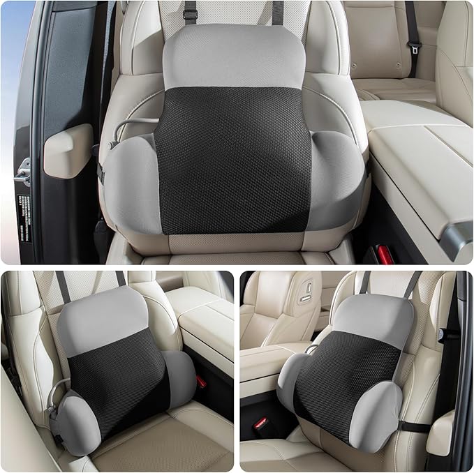 BEBAS Adjustable Air Lumbar Support Pillow for Office Chair, Car & Gaming Chair Memory Foam Back Support for Pain Relief & Posture Correction with Washable Cover, Grey