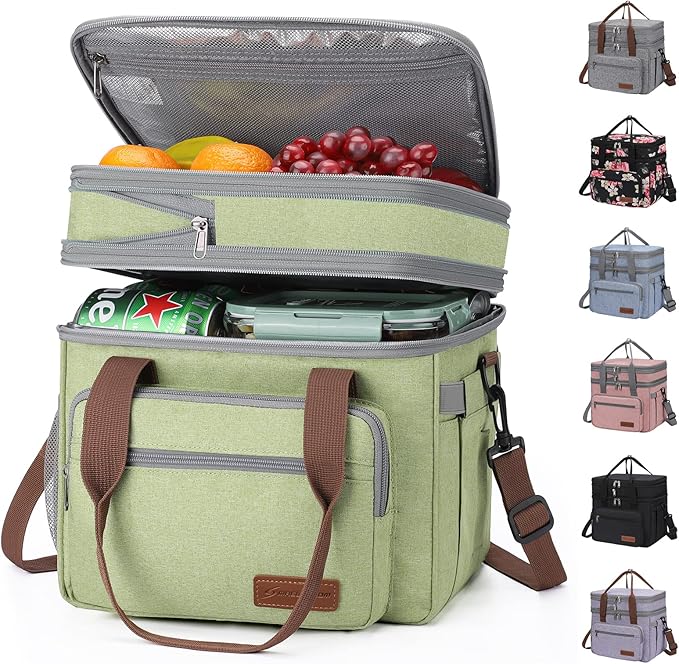 Maelstrom Lunch Box, 23L Insulated Lunch Bag, Expandable Double Deck Cooler Bag, Lightweight Leakproof Tote Bag With Side Tissue Pocket, Suit For Men and Women (C. Green)